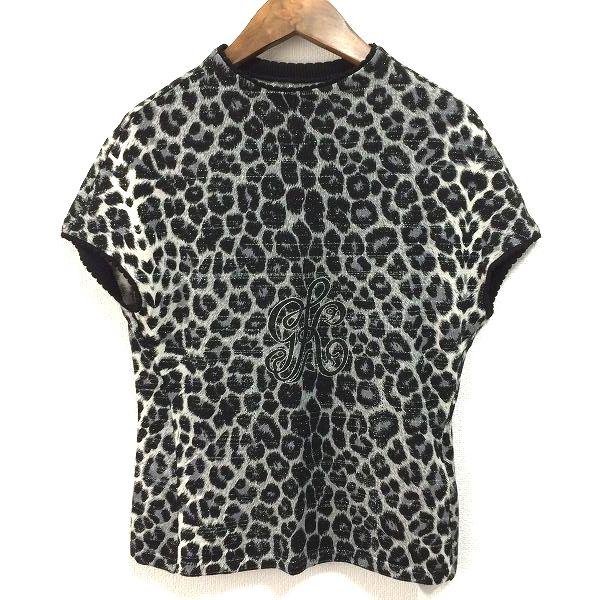 #anc  GKITALIYA 伊太利屋 カットソー 9 黒系 半袖 レオパード ヒョウ柄 ラメ ロゴ ハイネック レディース [857547]