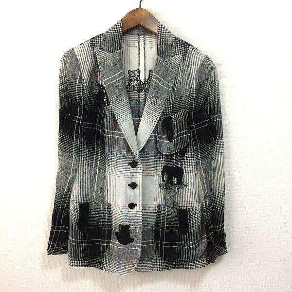 #snc イタリヤ GKITALIYA 伊太利屋 ジャケット 9 黒 グレー 白 麻 アニマル 刺繍 ラインストーン 柄 レディース [858160]