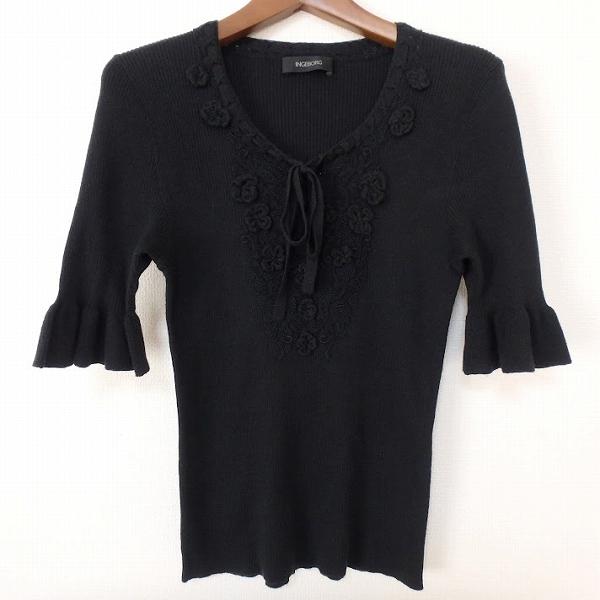 #anc  インゲボルグ INGEBORG カットソー 11 黒 半袖 ニット 花モチーフ リボン レディース [859586]