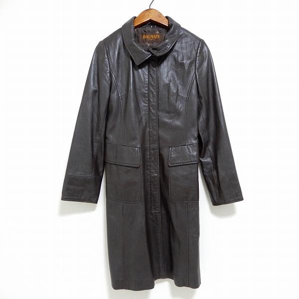 wnc バルマン BALMAIN ラムレザー 羊革 ロング コート 9 濃茶 