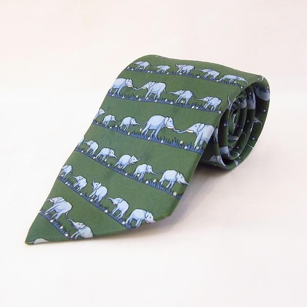 HERMES（エルメス） #apzt ネクタイ 緑 グレー系 シルク 総柄 ゾウ
