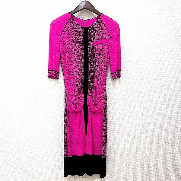 LEONARD FASHION 黒地にピンクの花柄ドット模様ワンピース LEONARD（レオナール） #spc ワンピース 42 ピンク 黒 ドット 総柄 七
