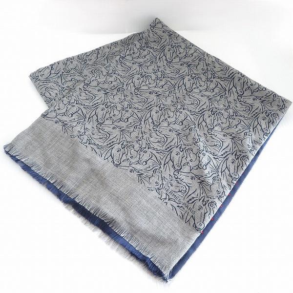 HERMES（エルメス） #apzm ストール ショール 馬柄 異素材 グレー 紺
