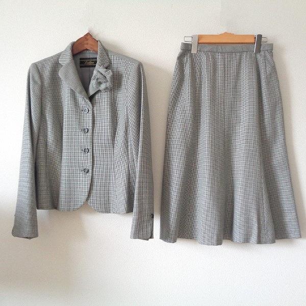 anc レリアン Leilian スカートスーツ 11 白 黒 コサージュ付き 千鳥格  