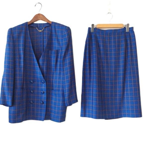Leilian（レリアン） #snc スカートスーツ 13+ 青系 チェック 麻混