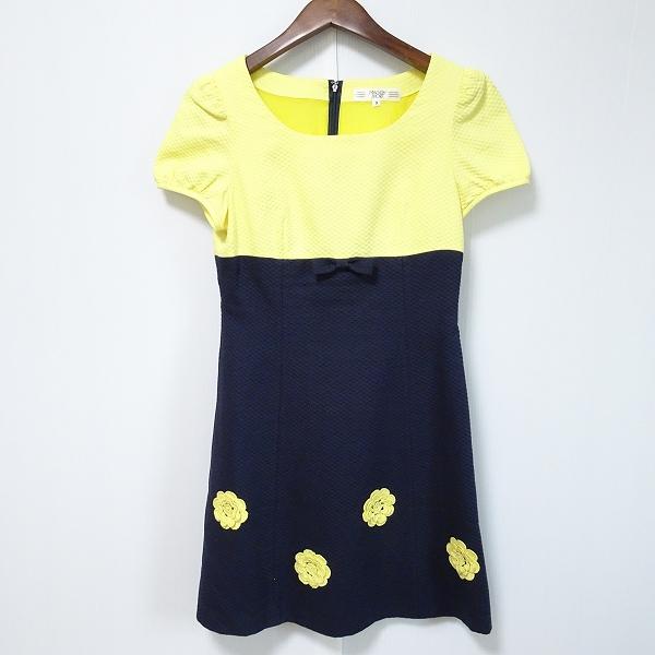 銀座マギー刺繍入りネイビー半袖ひざ丈ワンピース