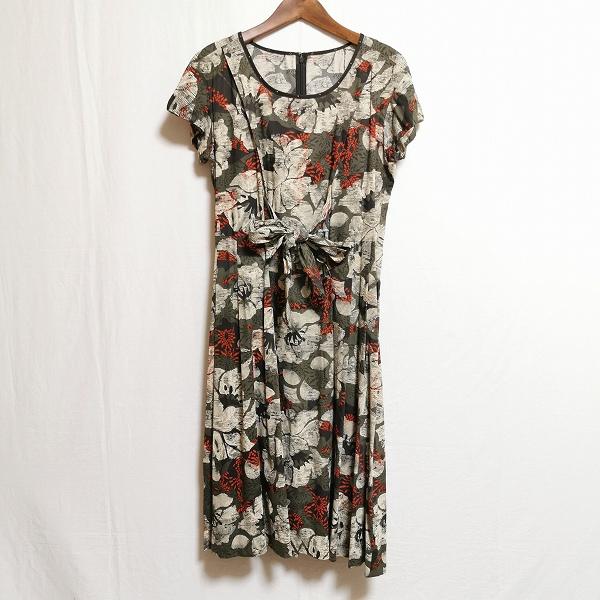 #snc ヒロココシノ HIROKOKOSHINO ワンピース フレア 花柄 ロング インナー付き 40 カーキ ベージュ オレンジ 美品 レディース [877610]