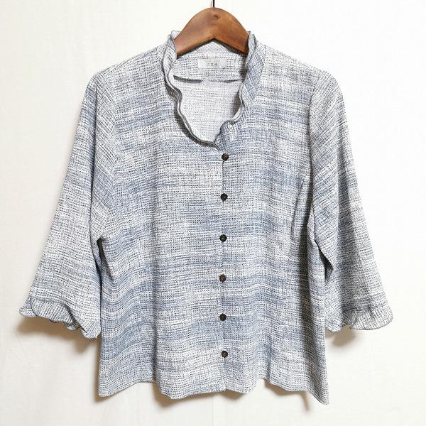 #snc 三年坂 サンネンザカ シャツ・ブラウス ちりめん 七分袖 フリル L 水色 白 美品 レディース [883437]