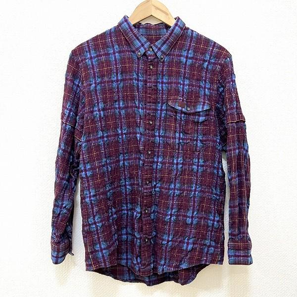 PAPAS　パパス　リネン　麻　チェック柄　ポケット付　半袖シャツ　ブルー系　Ｌ PAPAS パパス リネン 麻 チェック柄 ポケット付 半袖シャツ