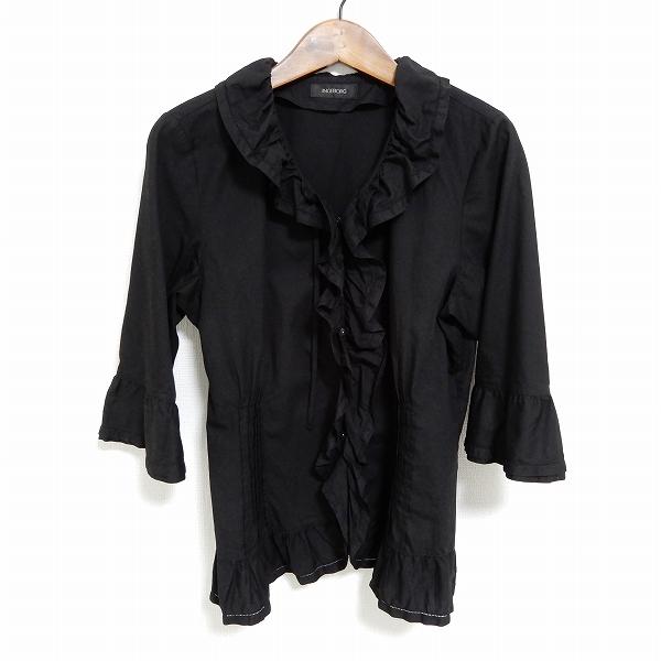 #anc インゲボルグ INGEBORG カーディガン シャツ ブラウス M 黒 フリル シャーリング ギャザー 七分袖 レディース [886958]