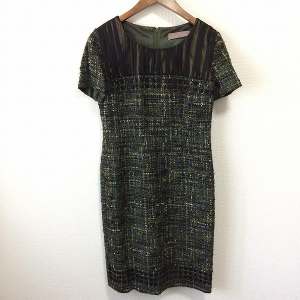 axc 銀座マギー ワンピース 38 緑系 半袖 ツイード タイト 異