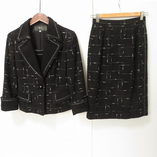 #wxc イネス ignes スカートスーツ ツーピース セットアップ 38 黒 シルバー アンゴラ使い ラメ 胸当て付き レディース [899887]