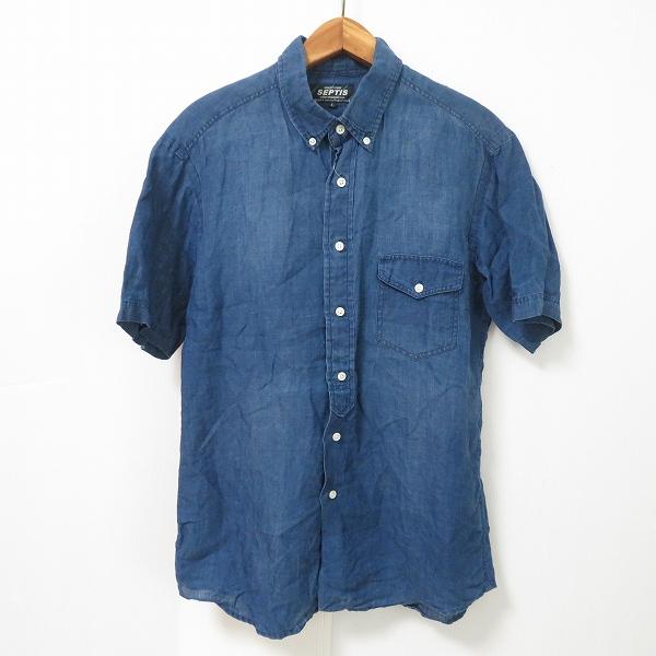 #snc セプティズ SEPTIS 半袖シャツ L 紺 ボタンダウン 麻 デニム風 メンズ [903776]