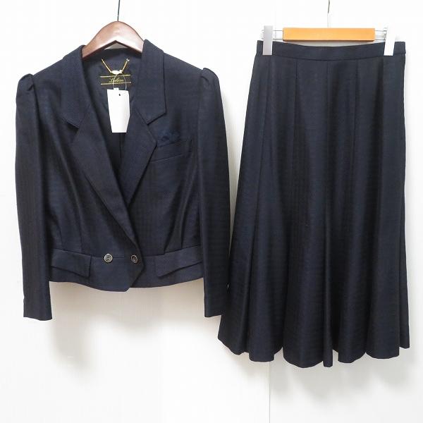 Leilian #asc レリアン スカートスーツ セットアップ 9 濃紺 シルク混  
