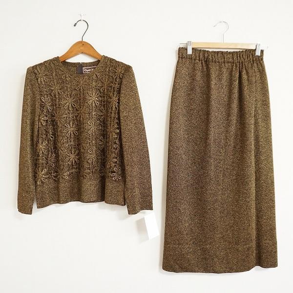 斉藤都世子/ニットの女王★ベージュ/ブラウン★セットアップスカートスーツ★M相当 斉藤都世子/ニットの女王☆ベージュ/ブラウン☆セットアップ