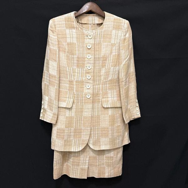 #anc 十仁プラザ JujinPlaxaCOUTURE ワンピーススーツ 40 ベージュ系 セットアップ チェック 麻混 ノーカラー レディース [922722]