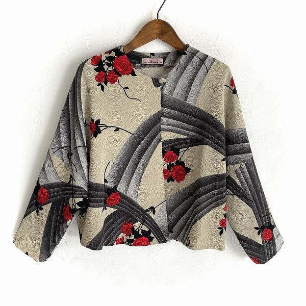 #anc Ts コレクション 詩仙堂 ヒトシタムラ カットソー グレー系 赤 ちりめん 七分袖 花柄 ドルマンスリーブ レディース [929484]