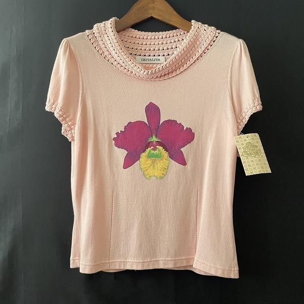 #snc GKITALIYA 伊太利屋 ニット セーター カットソー 11 ピンク 半袖 花 鍵編み タグ付き 美品 レディース [936916]