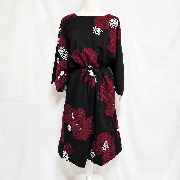 handmadeワンピース長袖YUWA花柄freeボルドーブラウン anc ソウソウ sou-sou ワンピース 黒 ボルドー 白 着物風袖 花柄