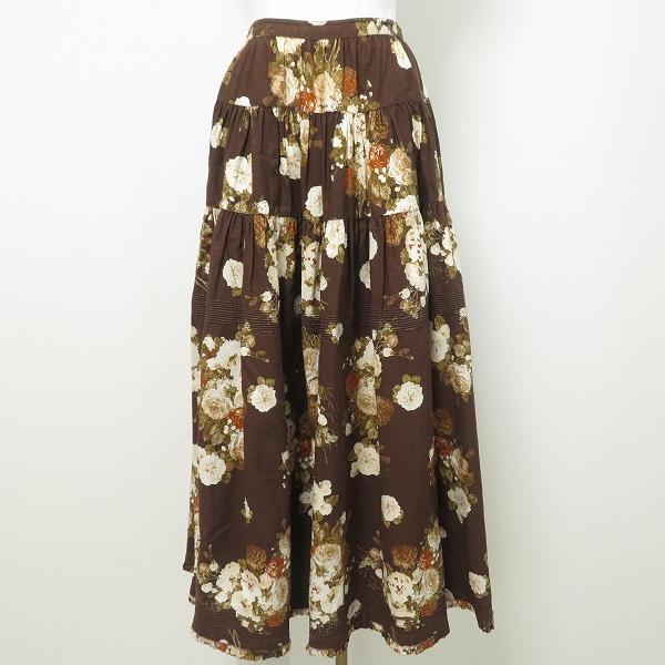 美品　カネコイサオ ロングスカート ピコフリル ブラウン 花柄 リボン anc カネコイサオ KANEKO ISAO スカート 茶 花柄 ロング フレア フリル