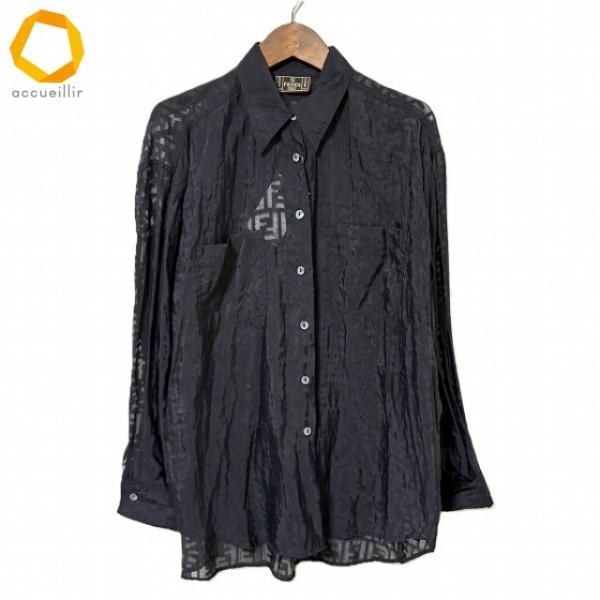 #anc フェンディジーンズ FENDI jeans シャツ ブラウス 40 黒系 シースルー ズッカ柄 ヴィンテージ イタリア製 美品 レディース [969039]