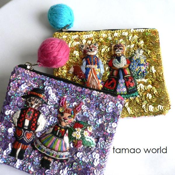tamao world タマオワールド スパンコール 刺繍 ポーチ Folklore
