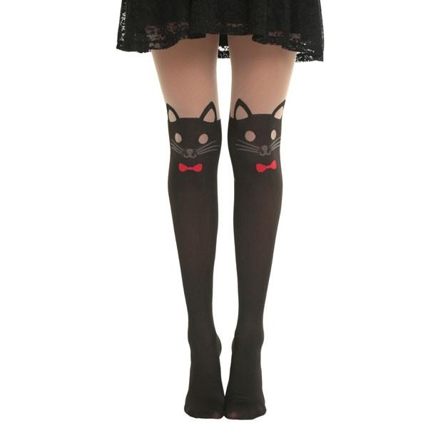 ｌｏｖｅｓｉｃｋ ねこ 赤いリボンを付けた猫 おしゃれ 黒 フェイクタイツ ニーハイ柄 ストッキング 46041 アカムスyahoo 店 通販 Yahoo ショッピング