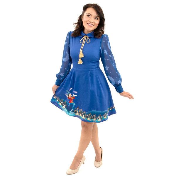 ワンピース ディズニー ミッキーマウス ファンタジア レディース 女性 ドレス ミッキー キャラクター 長袖 ブルー 青 リボン タイ ラウンジフライ アカムスyahoo 店 通販 Yahoo ショッピング