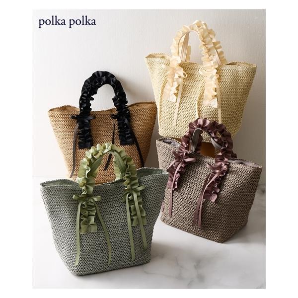 未使用タグ付き フリルかごバッグ　シフォンリボンカゴバッグ　トートーバッグ polka polka（ポルカポルカ） バッグ（鞄） フリルリボンハンドル 雑材