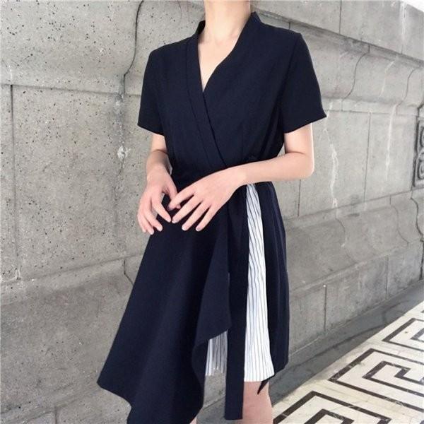 ワンピース カシュクールストライプワンピース ネイビー 夏 通勤 通学 レストラン Wo アクション 通販 Yahoo ショッピング