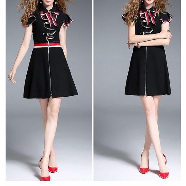 ワンピース トリコロール ストライプ ライン ボウタイリボン ラッフル フリル 半袖 ジップアップ フレア Aライン 膝丈 きれいめ Ypt Or Id