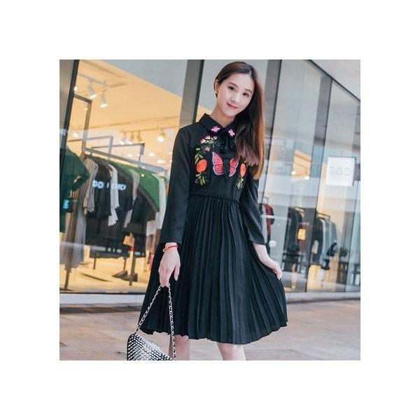 ワンピース 胸刺繍プリーツシャツワンピース ブラック 春夏 大人 かわいい カジュアル Ol Prettyfunnyballoons Com