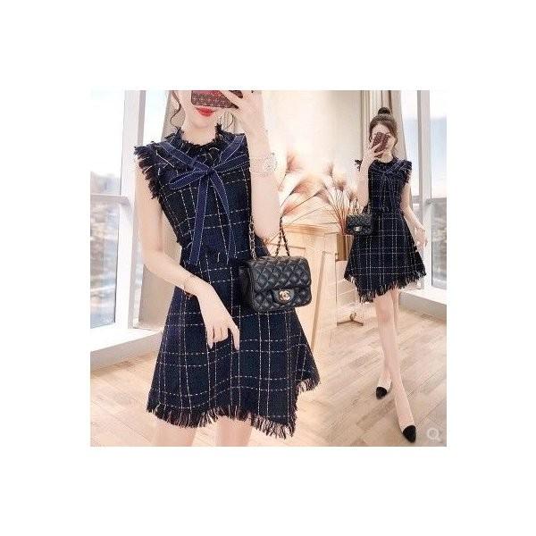 ワンピース フロントリボン アクセント チェック柄 フリンジ アシンメトリーデザイン ノースリーブワンピースドレス ステッチ Pymr Go Th