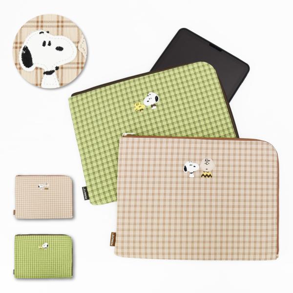SNOOPY ピーナッツ チェック フラット ケース ポーチ ノートPC タブレット 軽量 レディース 女子 通勤 通学 大人 学生 子供 可愛い キャラクター グッズ