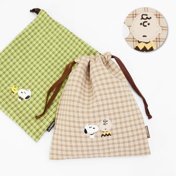 スヌーピー SNOOPY 巾着ポーチ 巾着袋 小物入れ チェック柄 ポーチ レディース 女子 通勤 通学 旅行 大人 学生 子供 可愛い キャラクター