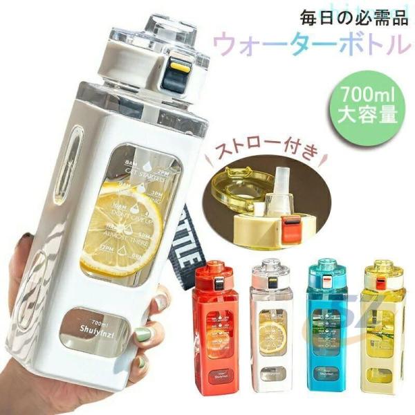 水筒 タイムマーカー付きウォーターボトル ストロー付き 700ml ボトルゾンチー水筒1リットルウォーター メモリ付き水筒 ウォーター タイムマーカー クリアボトル
