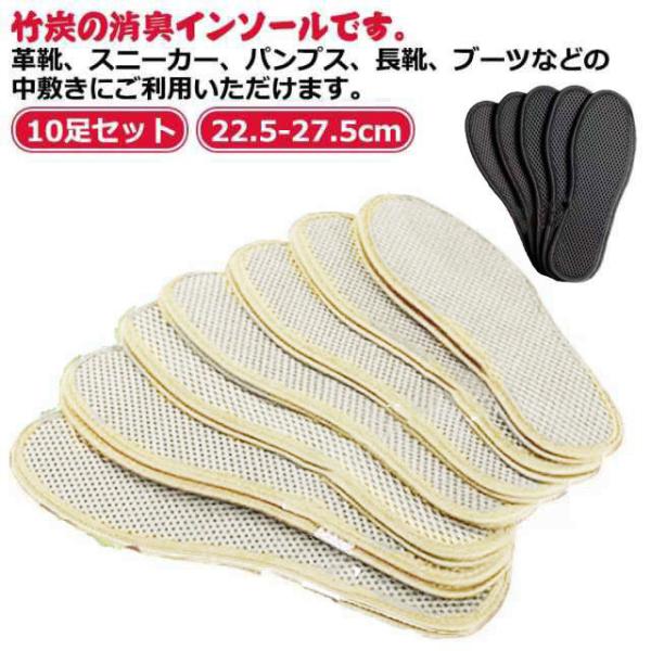 消臭 インソール メンズ レディース 竹炭 抗菌 吸汗 除湿 脱臭 デオドライズ 足が臭わない 靴 中敷き 通気性 洗える 黒 ブラック 10足セット
