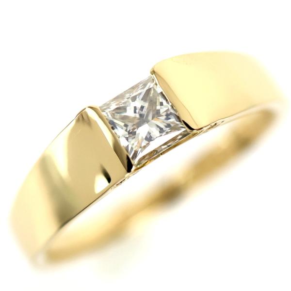 指輪 18金 K18YG ダイヤモンド 0.505ct 0.06ct プリンセスカット 12号