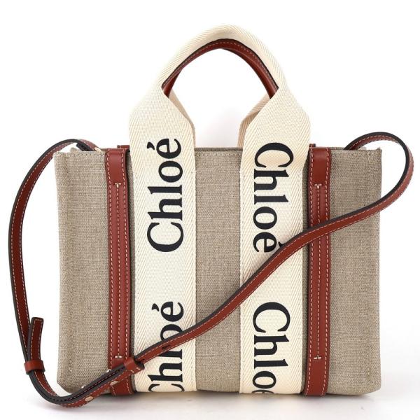 Chloe クロエ ウッディ スモールトート CHC22AS397I26 ショルダーバッグ リネンxカーフ ベージュ ムスクグレー/352108【中古】 Chloe（クロエ） ミニ トートバッグ レディース WOODY CHC22AP237I26