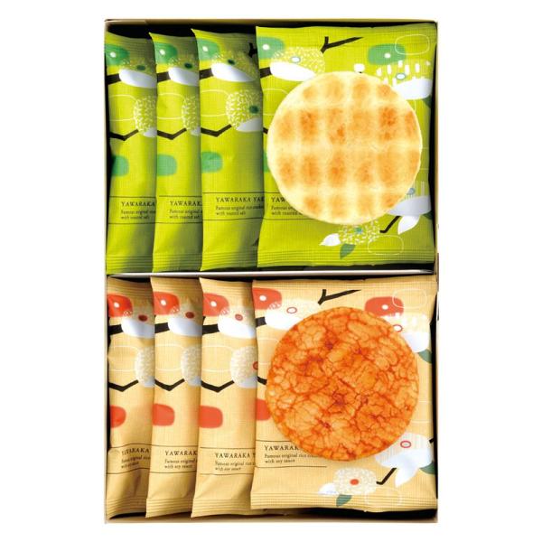 【商品名】 やわらか焼 【内容】やわらか焼 直火炊き醤油・やき塩 ×各4 【箱サイズ】26×17×6.9cm 【賞味期限】常温4ヶ月 (表示期限の半分以上) 【アレルゲン】小麦 【商品について】パリッと軽やかな歯ごたえ、フワッとソフトな焼き...