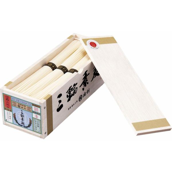 【商品名】 三輪素麺 ミニチュア木箱入  【内容】そうめん 50g ×9束 【箱サイズ】21.3×7.6×6.5cm 【賞味期限】常温3年6ヶ月 (表示期限の半分以上) 【アレルゲン】小麦 【商品について】9ｋｇの木箱をミニチュア化した三輪素麺