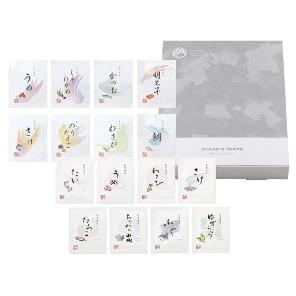 【商品名】 ふりかけ＆お茶漬けセット 【内容】贅沢茶漬け たい・うめ・わさび・さけ・たらこ・ちりめん山椒・ふぐ・ゆずこしょう ・ふりかけ うめ・しそわかめ・かつお・明太子・さけ・のりたまご・わさび・鯛 ×各1 【箱サイズ】24.5×19×3...