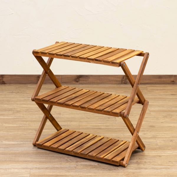 木製 折りたたみ式ラック 棚 3段ワイド アカシア製 北海道も九州も離島も送料無料（沖縄配送不可）サイズ：(W)幅60cm×(D)奥行40cm×(H)高さ58cm 棚板サイズ：約53×30cm材質：アカシア(オイルステイン塗装) 完成品 重...