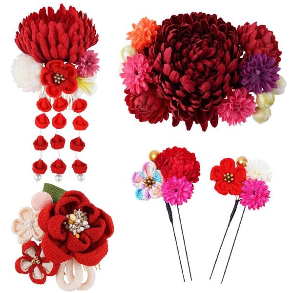 送料無料 和風髪飾りセット コーム3点 Uピン2本 224 044 アカ