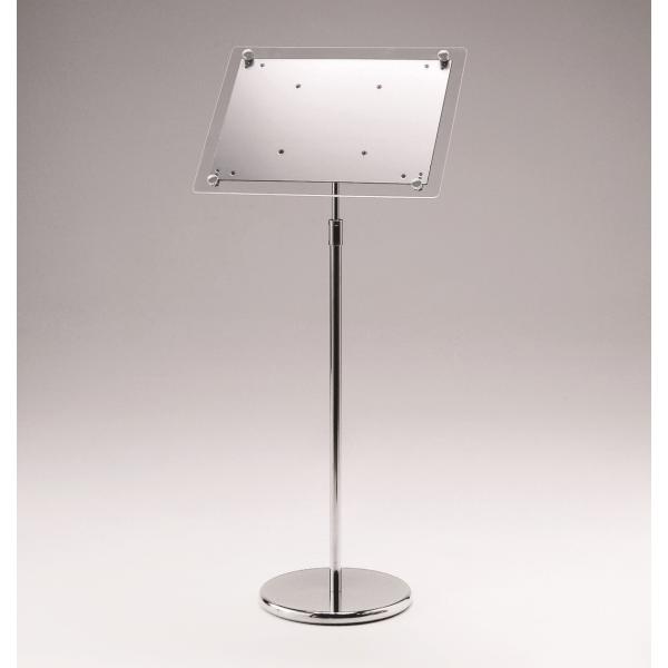 ●クリアなデザインが新鮮なメッセージスタンド。●フレームレスで表示がキレイに引きたちます。高さ・角度の調整が可能。●ショールームなどでの展示案内におすすめ。用紙寸法：A3タテ（297×420）外寸法：347×1040〜1490×300有効画...