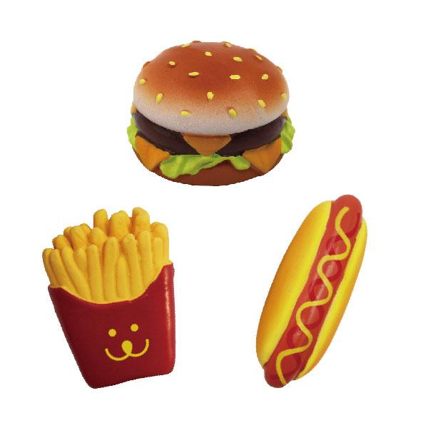 ファストフードの代表格、ハンバーガー・ポテト・ホットドッグをかわいいワンちゃんサイズに仕上げました。スクィーカーを鳴らしやすいやわらかラテックストーイです。サイズ：「ハンバーガー」全長約5.9cm、「ホットドッグ」全長約9.3cm、「ポテト...