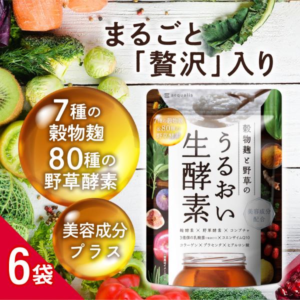 酵素 サプリ 6袋セット 穀物麹と野草のうるおい生酵素 コンブチャ 乳酸菌 80種類の野草酵素 コラーゲン ヒアルロン酸 プラセンタ