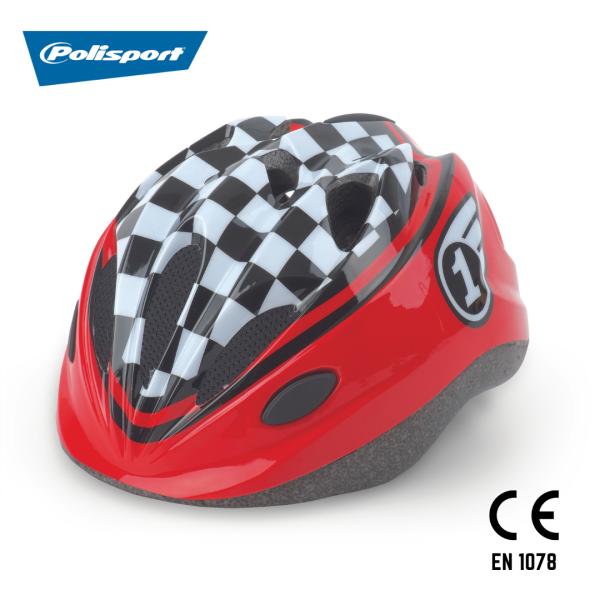 ★世界50ヶ国以上で愛されているポルトガル生まれのPolisport(ポリスポート) の子供用自転車ヘルメット★◆チェッカーフラッグ風のデザインがカッコイイ、人間工学を駆使した流線型のお洒落なヘルメット◆冷却・換気の為の通気孔（ベンチレーシ...