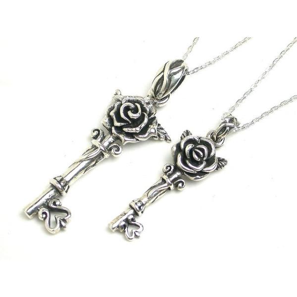 ペアネックレス シルバー アクセサリー バラ 薔薇 フラワー カギ 鍵