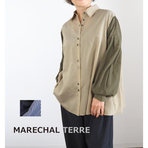 マルシャルテル MARECHAL TERRE ストライプ×無地 切替ルーズシャツ ボリュームスリーブ zmt261bl755